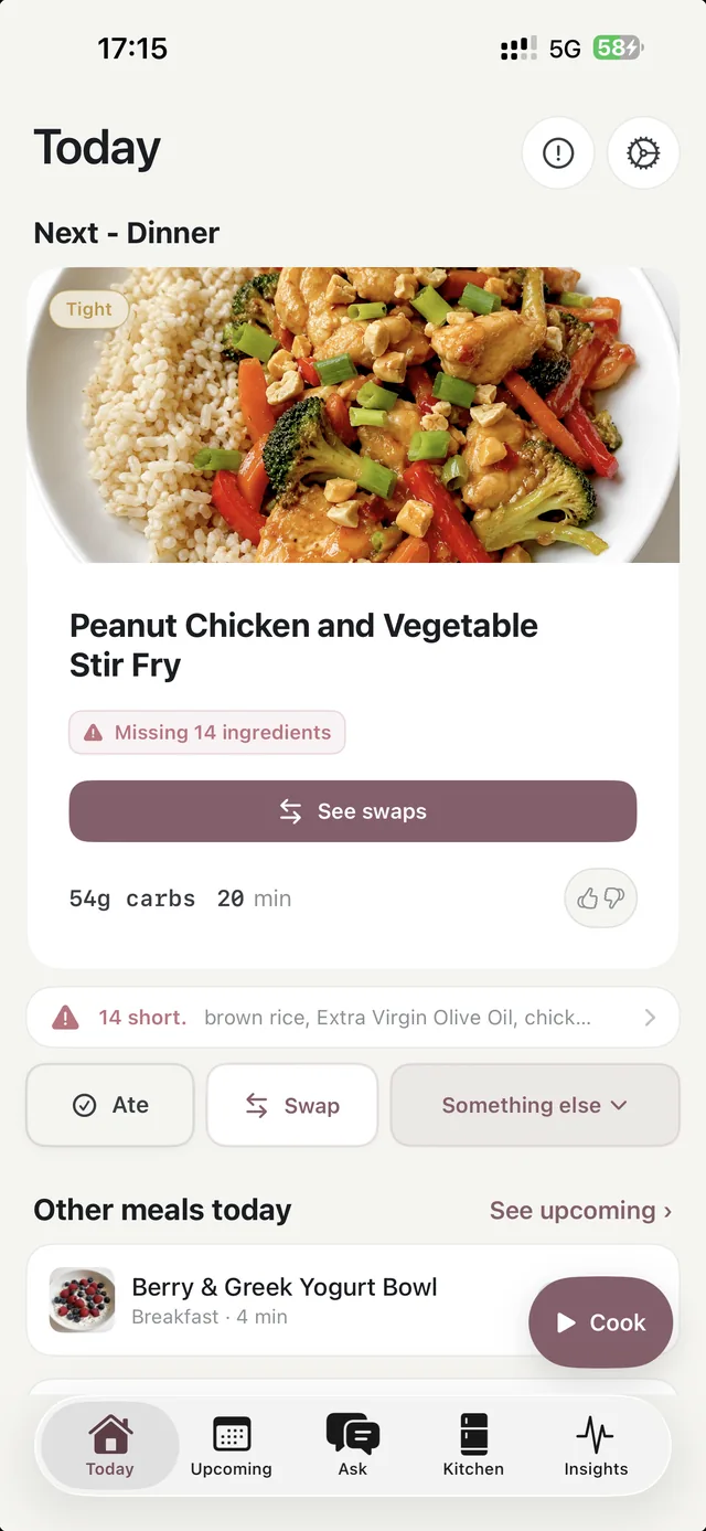 A Bolus meal with a photo and buttons to see swaps, mark it eaten, or choose something else