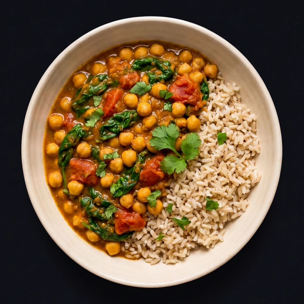 A chickpea, spinach and tomato curry with brown rice