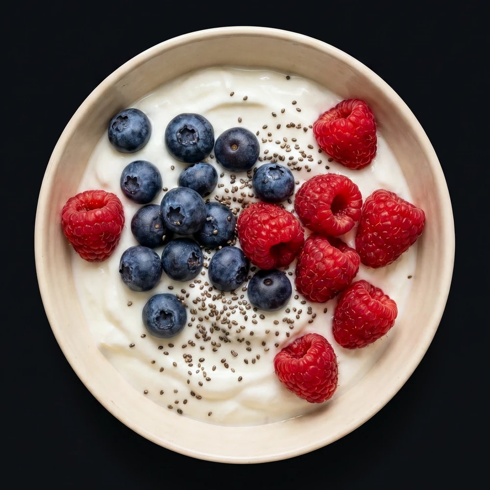 A yoghurt bowl with blueberries, raspberries and chia seeds