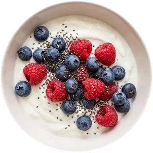 A yoghurt bowl with blueberries, raspberries and chia seeds