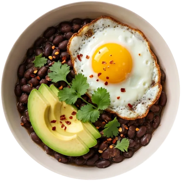 A black bean bowl with fried egg, avocado and coriander