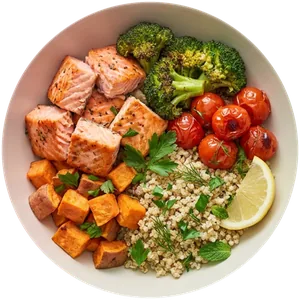 A salmon, bulgur and roasted vegetable bowl
