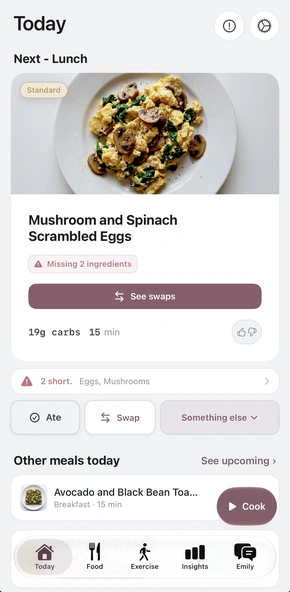 Today screen: next meal planned, missing ingredients flagged, with see swaps